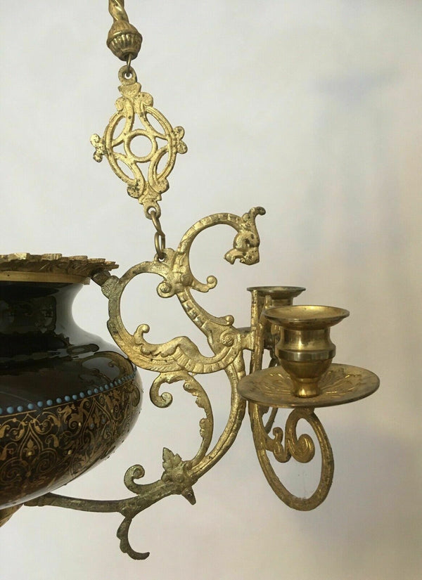 Antique French CHOISY LE ROI Faience Dragon gothic castle chandelier candles