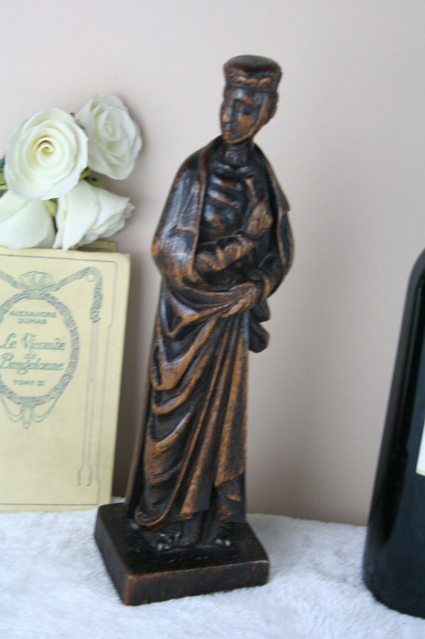 Antique Religious Figurine wood carved nun lady statue