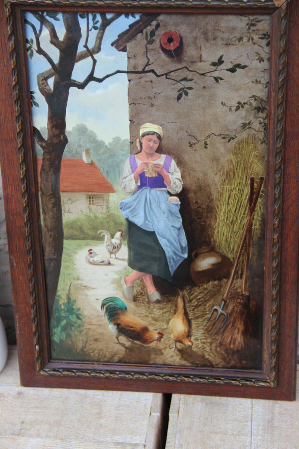 Large antique French Painting on porcelain signed Taillandier 1883 chicken n1