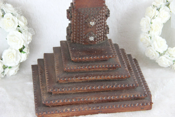 Huge French antique tramp art cigar box wood crucifix cross religious