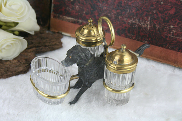 Unusual Antique French Spelter dog salt pepper shaker mustard set rare 1920