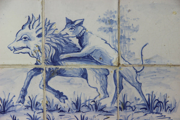 Antique Portugese Ceramic tiles serving tray plate hunting dog catching boar