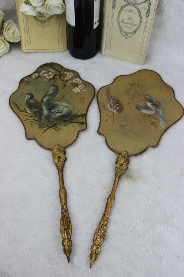 PAIR 19th c Antique French silk paint birds Fireplace screen face napoleon III