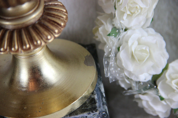 PAIR vintage French metal gold gilt marble putti cherubs angel Urns vases