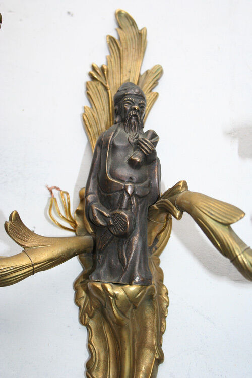 Unusual PAIR Bronze Japanese vtg sconces wall lights bronze figurines geisha man