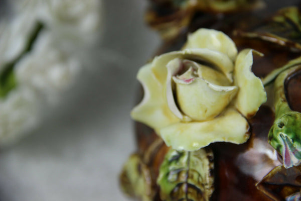 PAIR antique art nouveau barbotine majolica dolphin flowers Vases 1900 rare