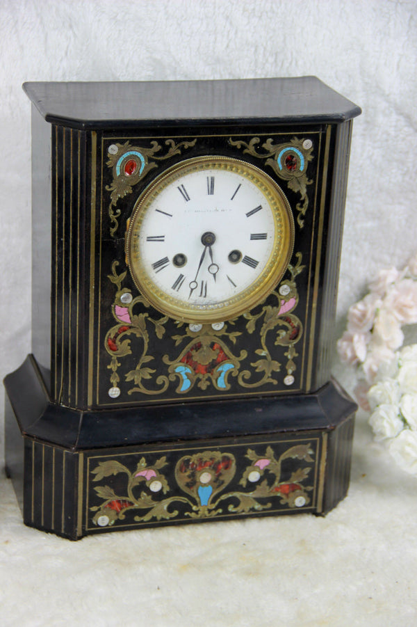 Antique Napoleon III portico clock black lacquered inlaid 19thc