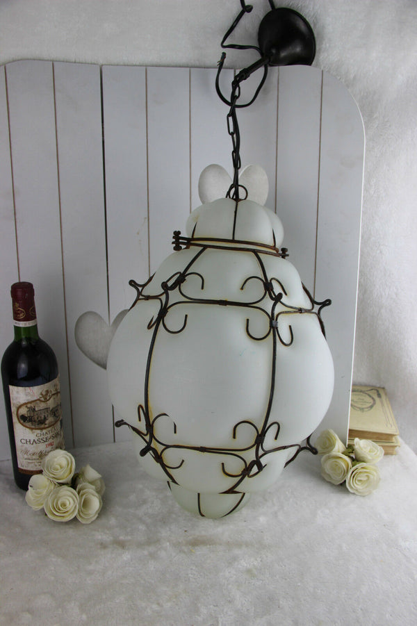 Gorgeous ITALIAN SEGUSO hand blown glass Caged Lantern lamp chandelier 70's