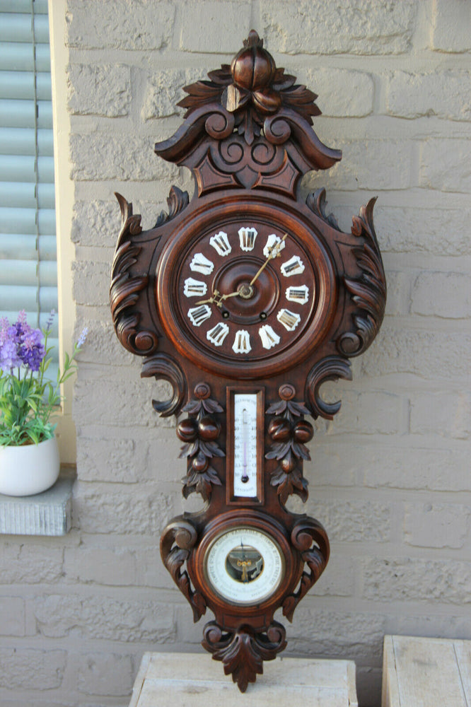 Antique XL black forest wood carved wall clock barometer