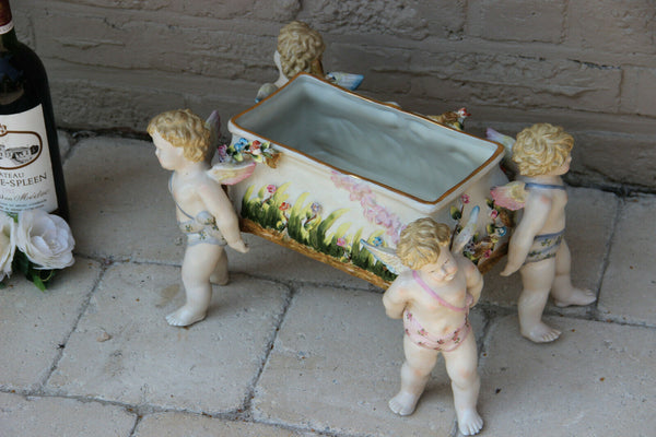 LARGE German Porcelain Jardiniere Planter Vase 4 putti angel figurines Vintage