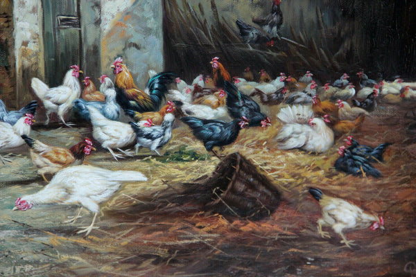 Gorgeous Flemish oil canvas painting Chicken family Farm stable signed