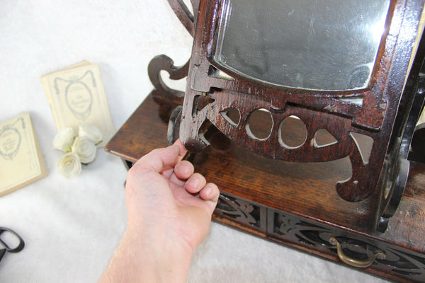 Art nouveau jugendstil German black forest wood carved vanity dresser mirror