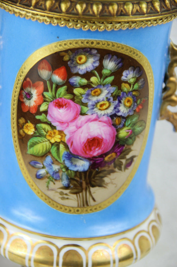 Antique French vieux paris porcelain floral lamp pastel blue