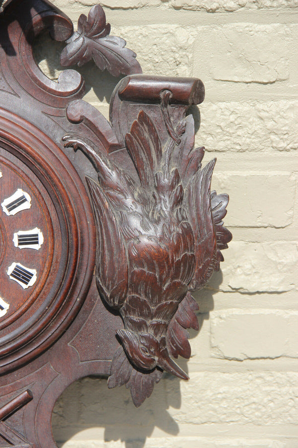 antique German 1900 Black forest wood carved Wall clock hunting trophy fish bird