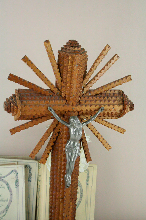 French antique crucifix wood tramp art 1945 hand made cross christ religious