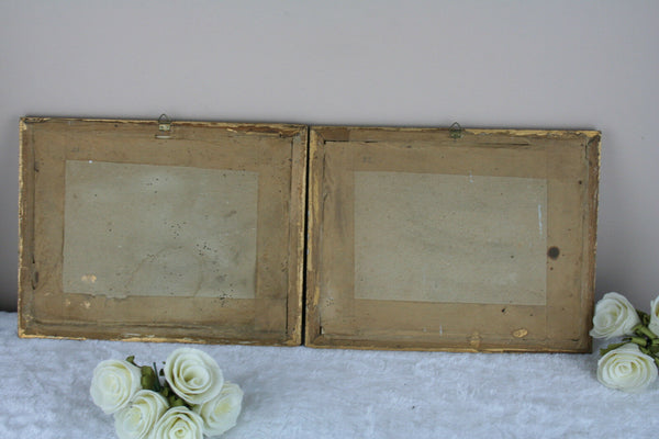 PAIR 1900 Antique VICTORIAN Chromo Print GIRL with dog framed