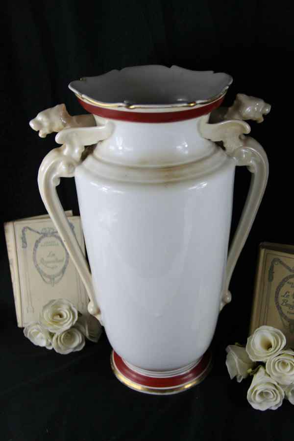 LARGE Antique French Porcelain Dragon gothic handles Vase floral decor