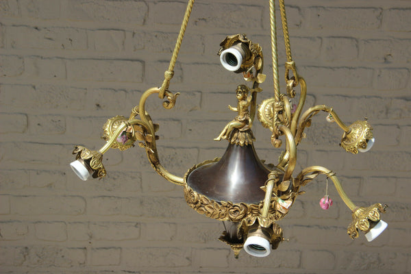French bronze porcelain flowers putti 7 arms chandelier empire