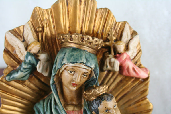 Antique French Plaster polychrome rare Madonna Mary putti angels statue figurine