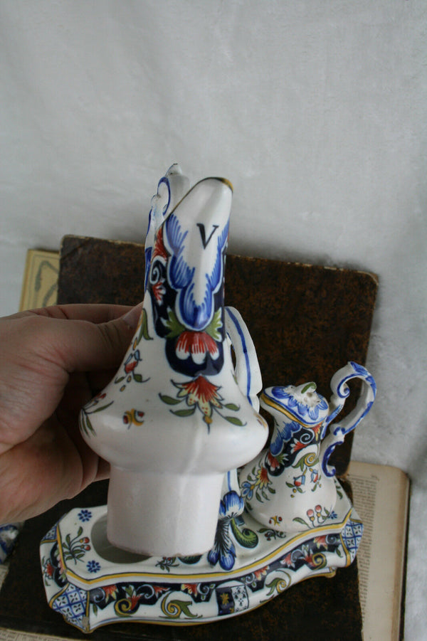 Antique French Faience Oil & vinegar kitchen set polychrome stand