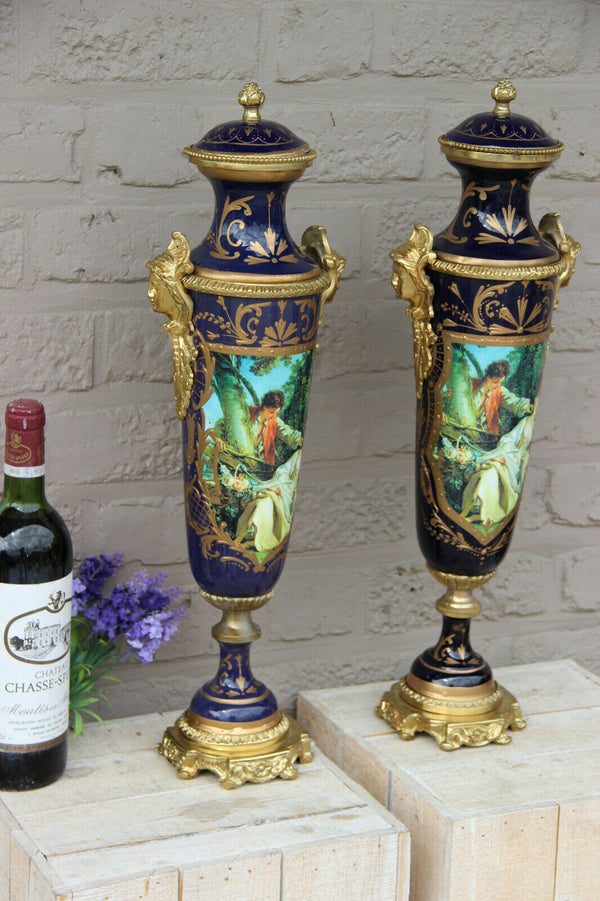 XL pair French limoges porcelain romantic scene caryatid heads Vases
