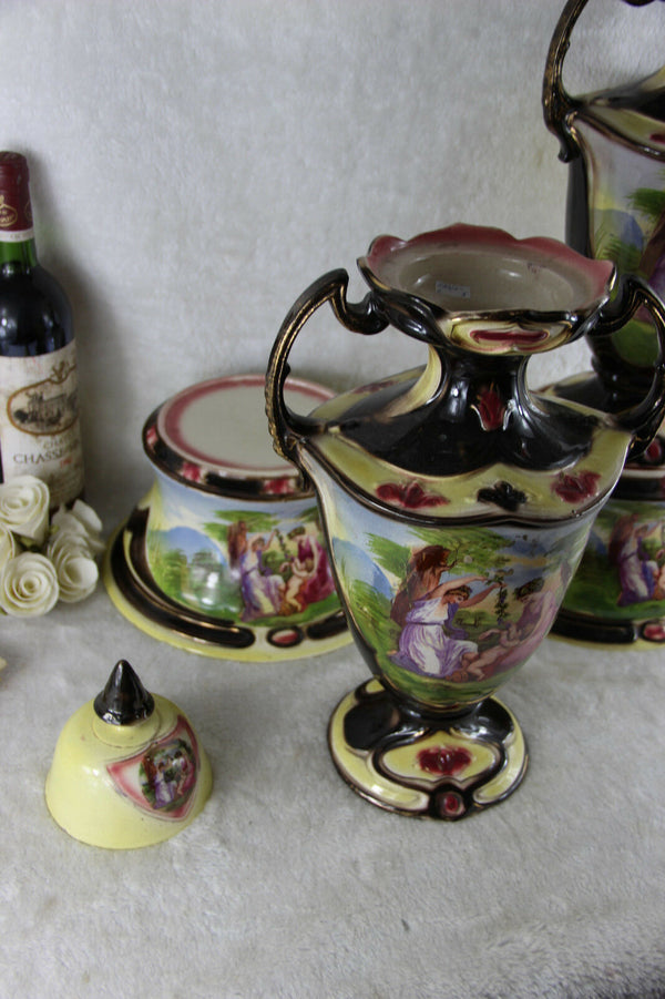 PAIR HUGE England Faience Romantic victorian Lidded VASES putti