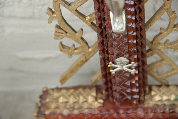 Antique French Tramp art wood carved Crucifix statue religious