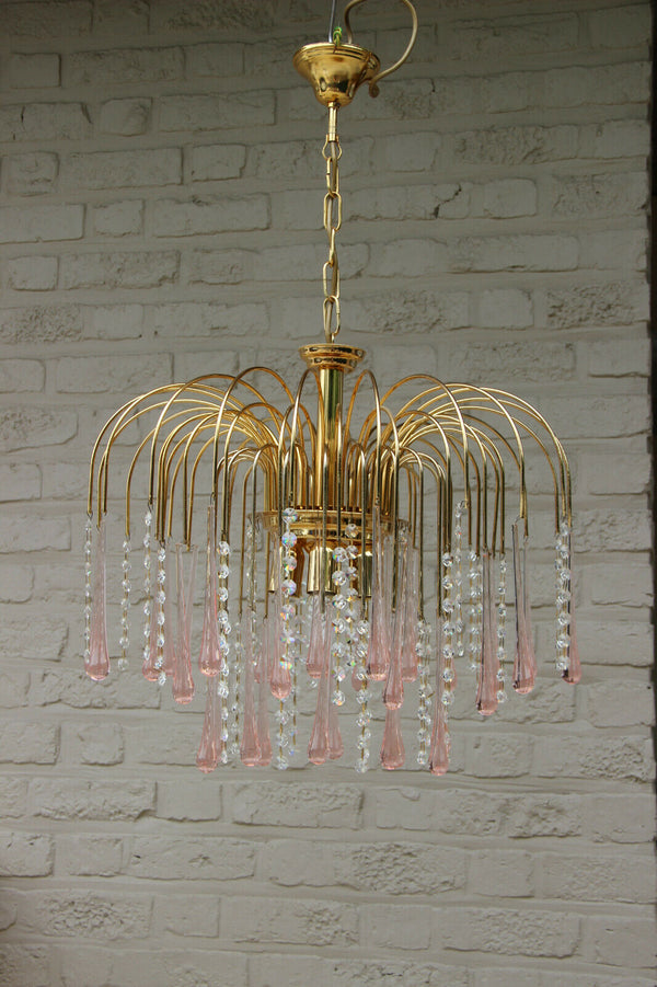 Vintage italian Mid century Murano drops pink clear glass Chandelier 1970 n1