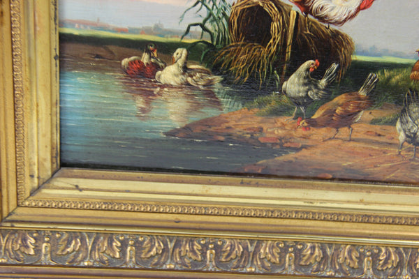German school 1900s Oil panel painting chickens rooster poultry scene