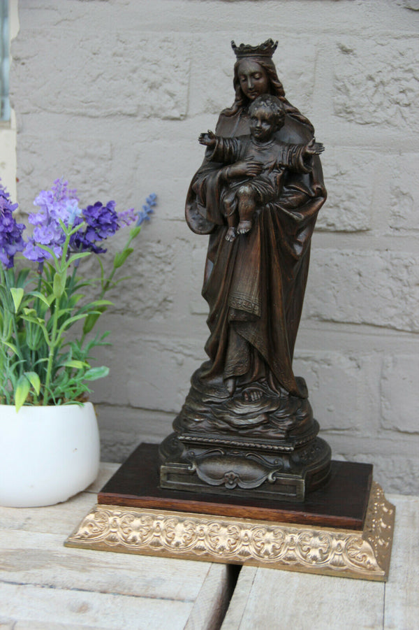 Antique French spelter bronze Madonna child statue religious figurine