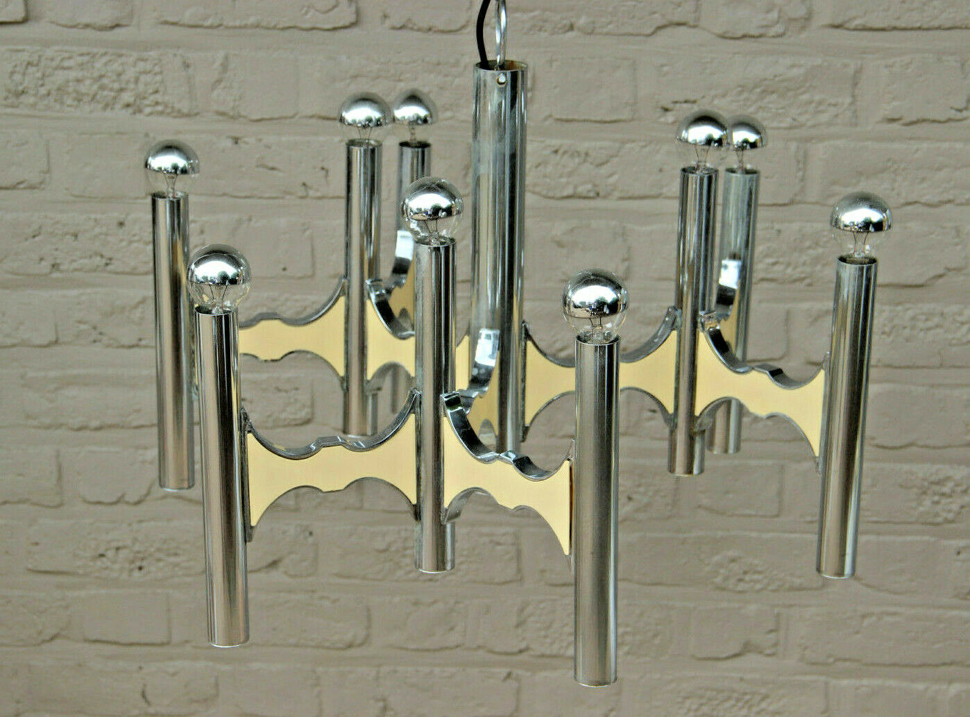 Mid century SCIOLARI 9 arm tube chrome Chandelier Italy 1970