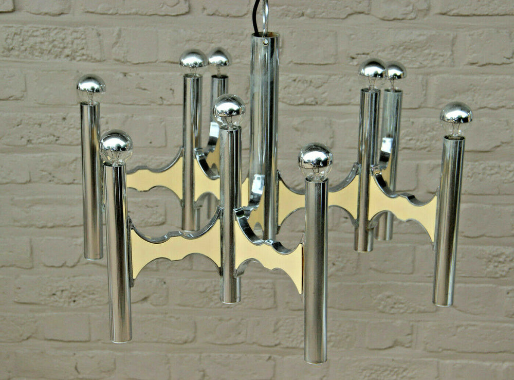 Mid century SCIOLARI 9 arm tube chrome Chandelier Italy 1970