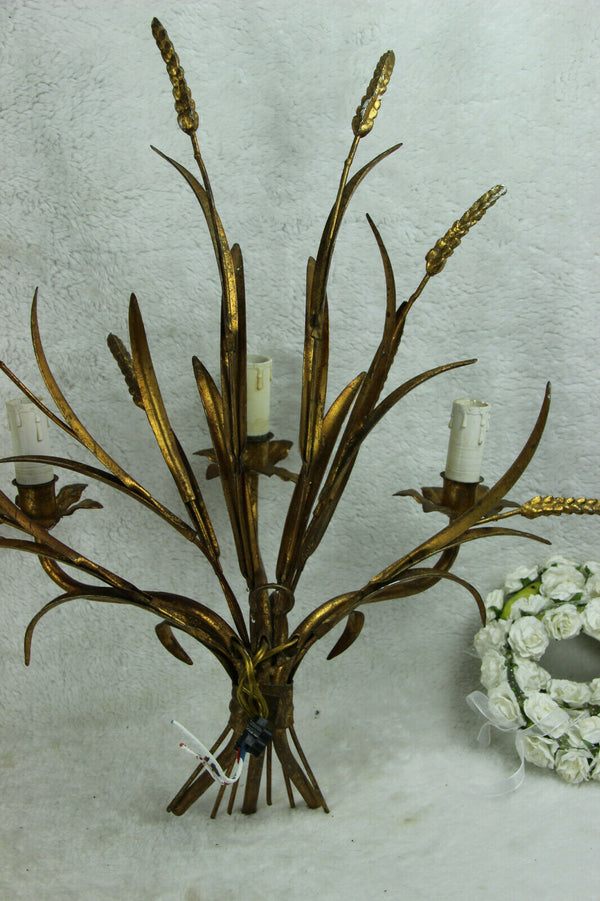 PAIR XXL Hollywood regency 3 arm Italian Gilt Metal Wheat Sheaf Wall Sconces