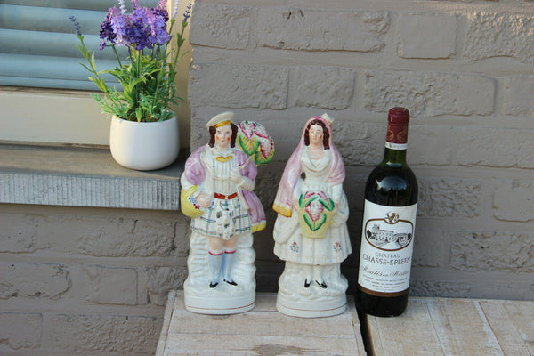 PAIR Antique victorian STAFFORDSHIRE pottery Statue figurine scottish flower