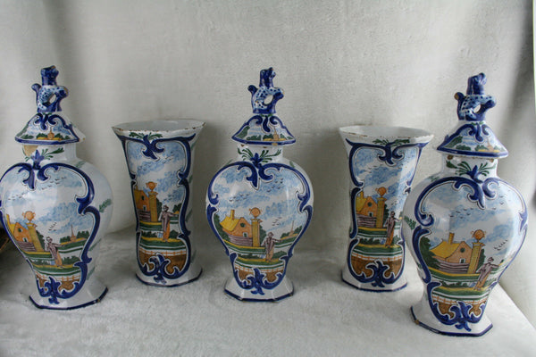 RARE antique dutch Mantle garniture Set 5 Pottery Delft polychrome Vases