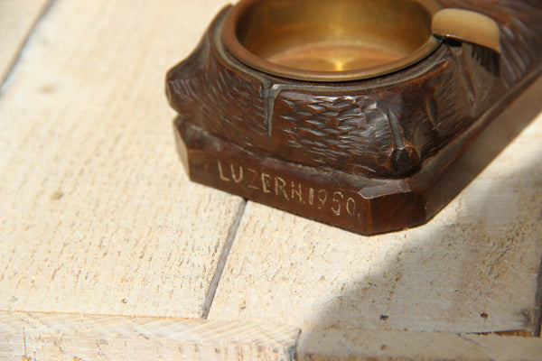 Antique hand Black forest wood carved swiss bear statue ashtray match holder
