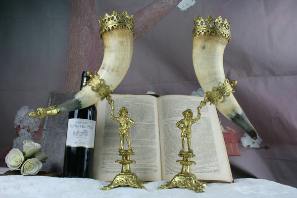 gorgeous french antique pair cornucopia horns figurines 1900 brass