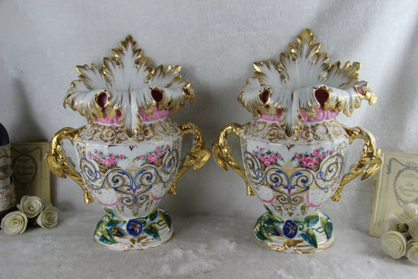 Pair large French antique 1900 Vieux paris porcelain Cornet Vases floral swans