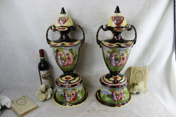PAIR HUGE England Faience Romantic victorian Lidded VASES putti