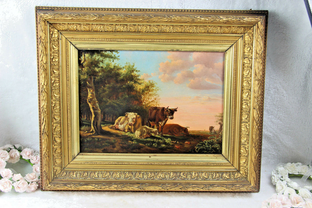 German school 1900s Oil panel painting cows in the field farm