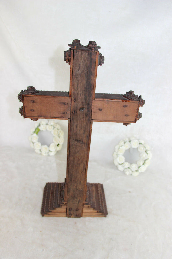 Huge French antique tramp art cigar box wood crucifix cross religious