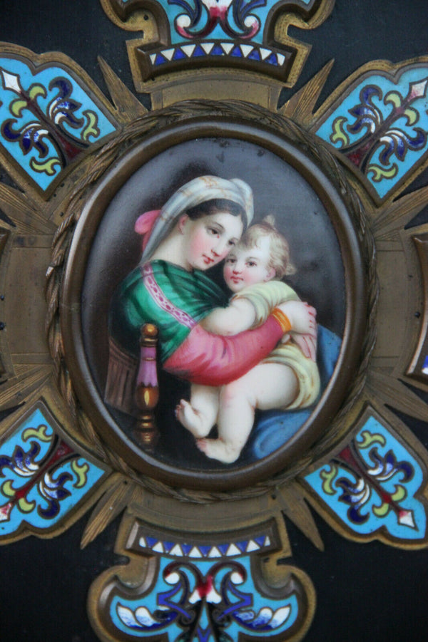 Antique XL Napoleon III holy water font enamel cloisonne porcelain madonna