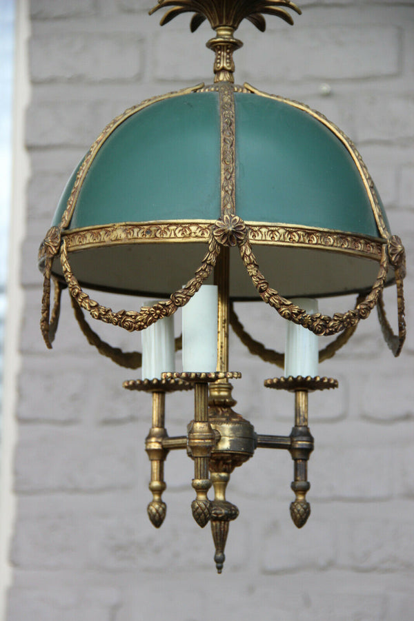 Vintage French bouillotte Empire design chandelier lamp pendant metal green 1970