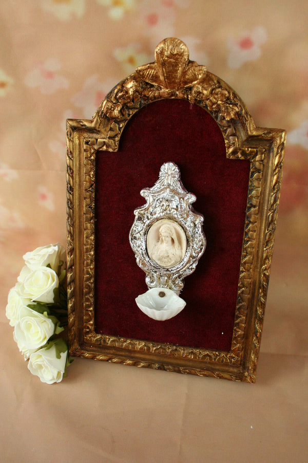 French 19th c HOLY water FONT vessel Wood frame font on velvet biscuit french