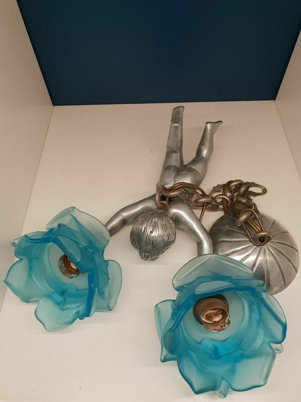 Antique Metal Silver patina Putti angel Chandelier pendant lamp blue glass shade