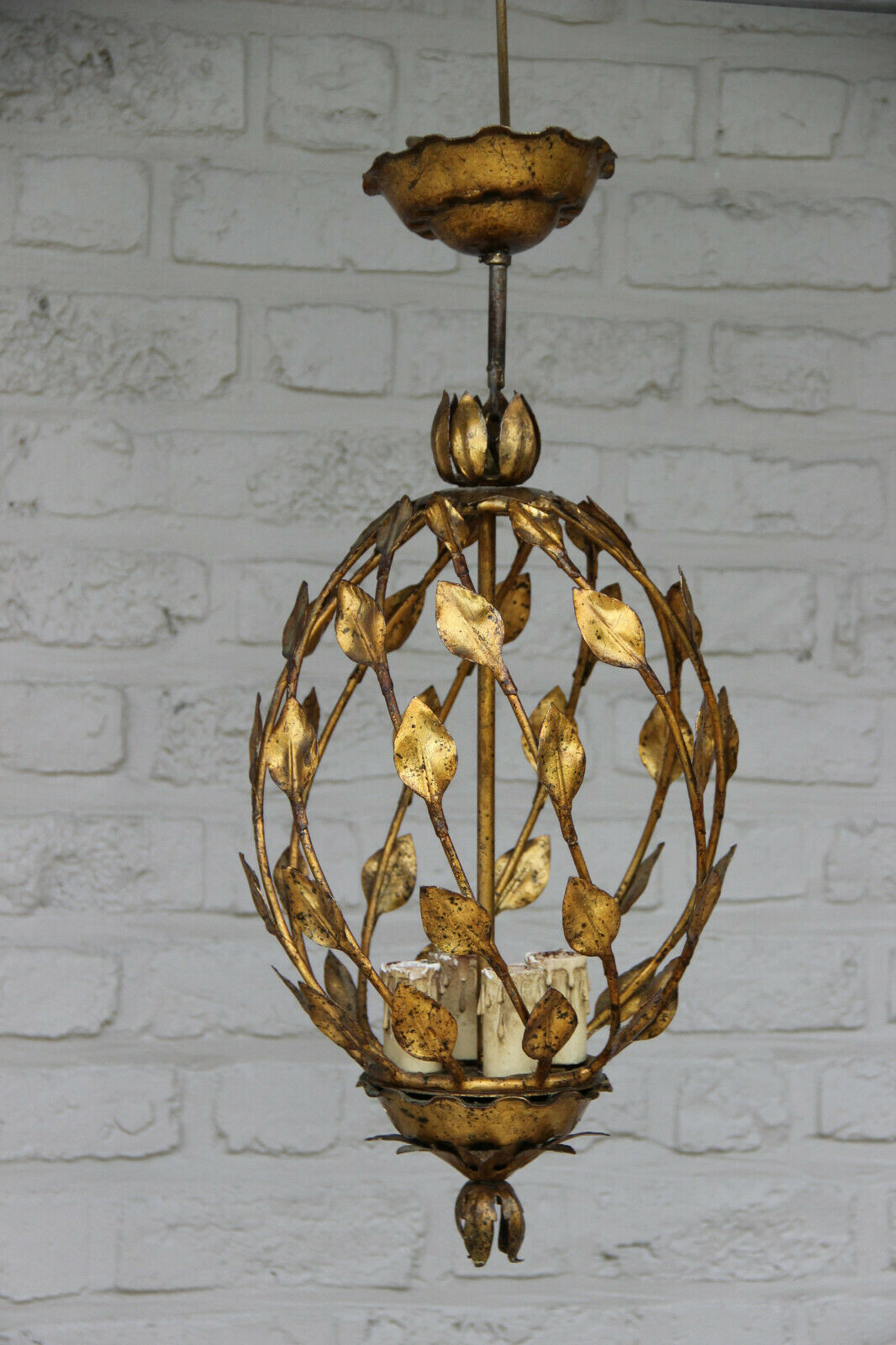 Mid century 1960 Metal gold gilt leaves chandelier pendant lantern maison jansen