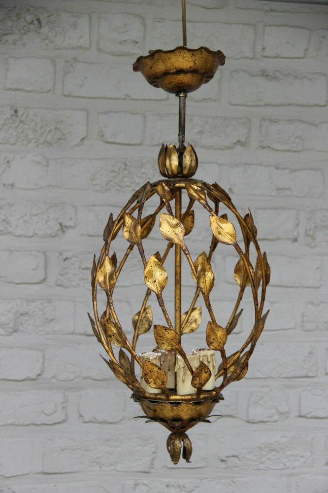 Mid century 1960 Metal gold gilt leaves chandelier pendant lantern maison jansen
