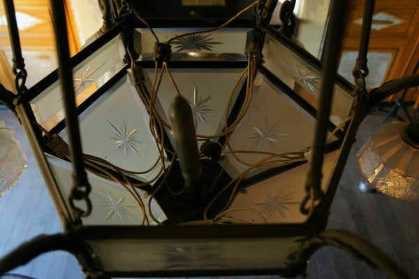 Antique French ART DECO 1930 Bronze Glass crystal cut chandlier 7 light