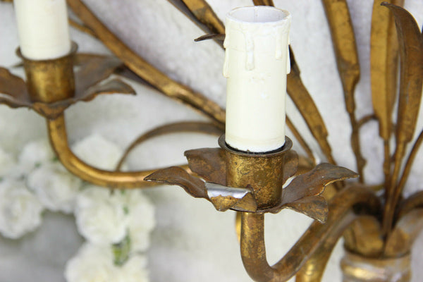 PAIR XXL Hollywood regency 3 arm Italian Gilt Metal Wheat Sheaf Wall Sconces