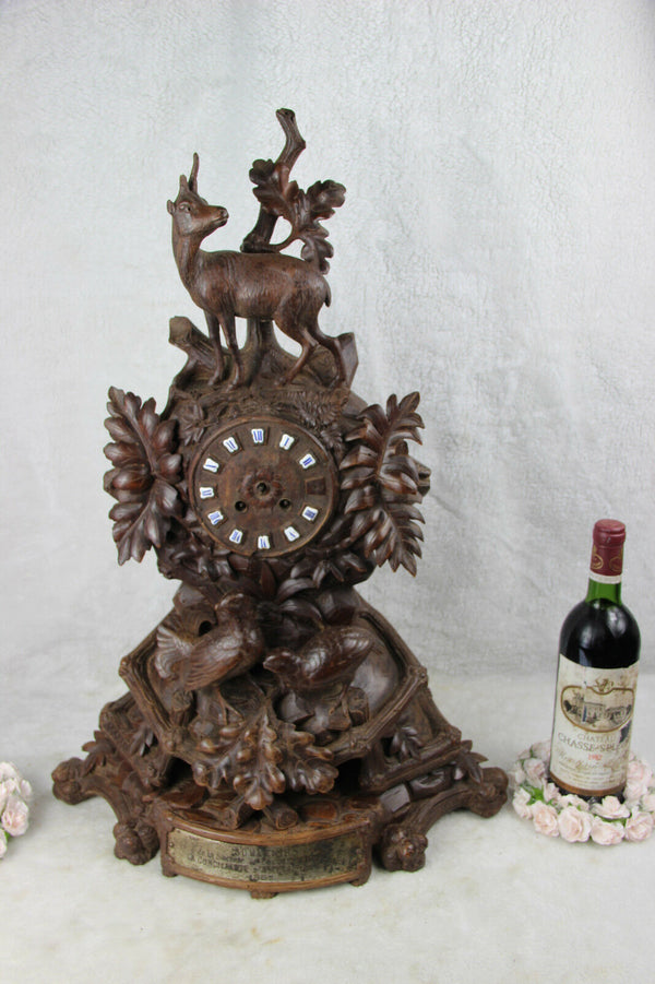 Huge BLACK FOREST wood carved 1885 Clock deer hunt birds marked